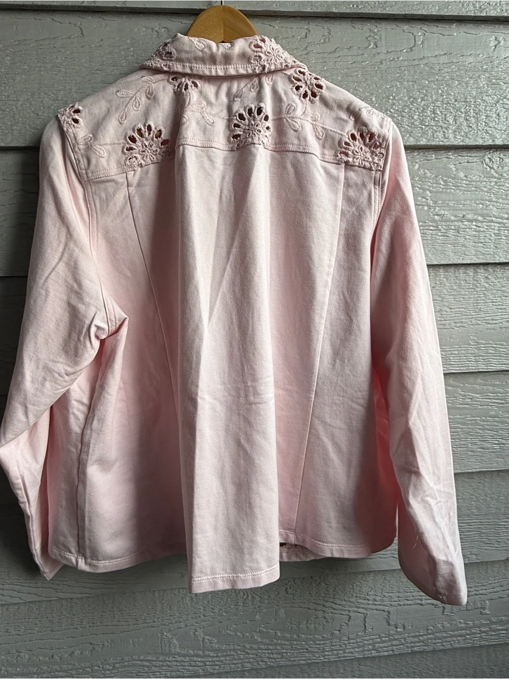 QVC Belle by Kim Gravel Pink Eyelet Mixed Media Twill Jacket Stretch Boho 2X